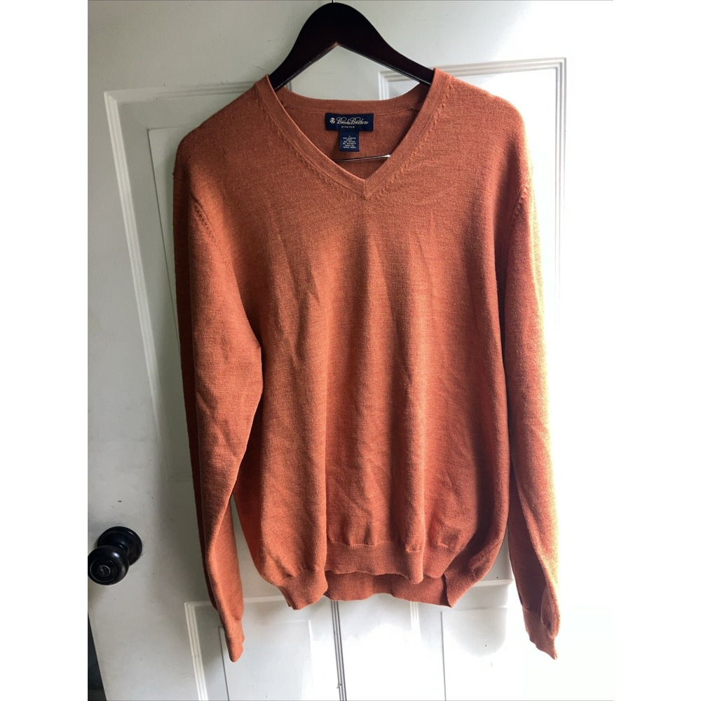 BROOKS BROTHERS Stretch Merino Wool V-Neck Sweater Men's Large Orange $168 SALE!
